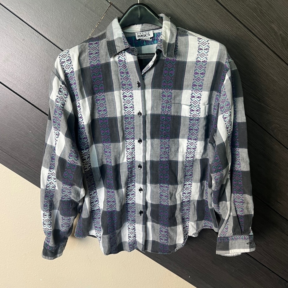 Vintage Trend Basics Women's Plaid Button Front Shirt Large Gray Purple 90s